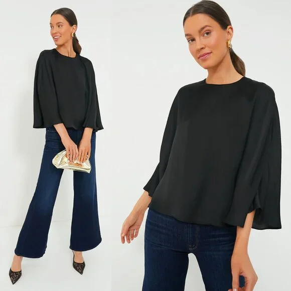 Tuckernuck NEW Black Selma Satin Twill Cape Flowy Round Neck Blouse Top Size M - Picture 1 of 8